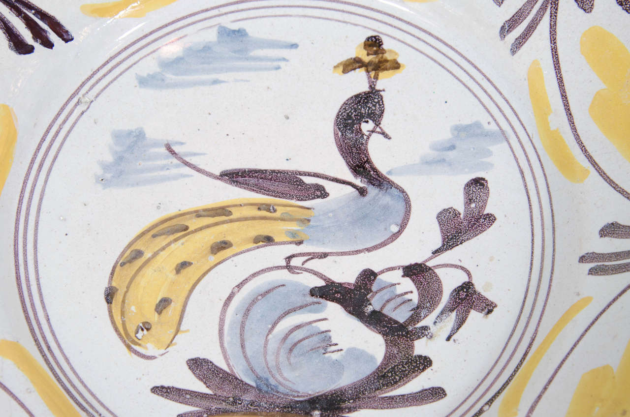 Dutch Delft Polychrome Charger with Peacock Painted Yellow Blue and Manganese