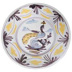 Dutch Delft Polychrome Charger with Peacock Painted Yellow Blue and Manganese