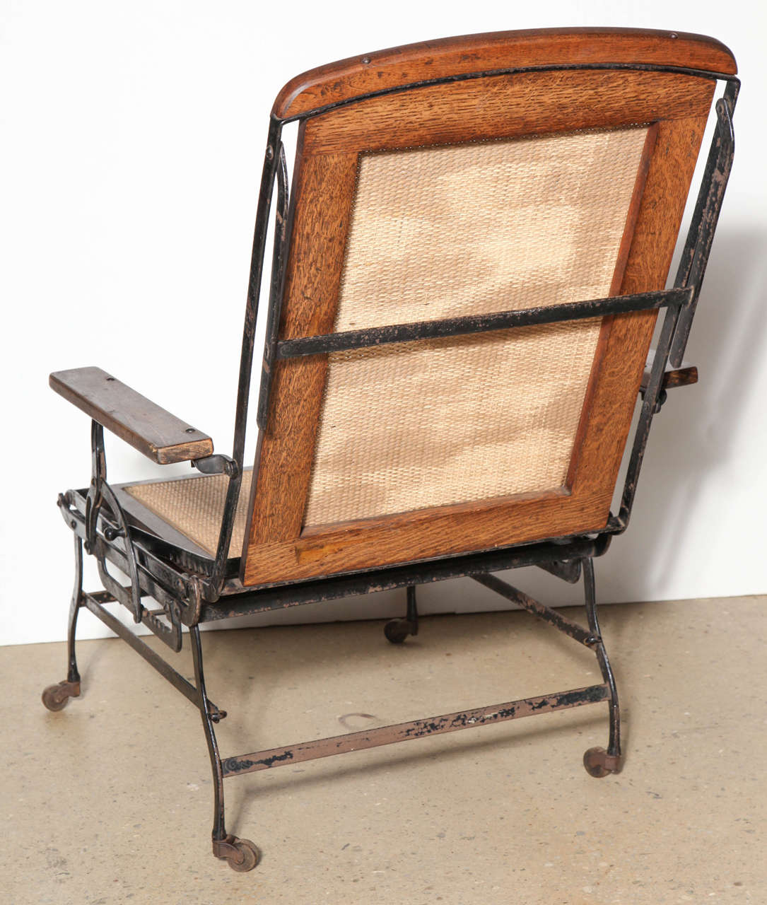 19th Century Cevedra Sheldon Walnut, Cane & Cast Iron Rolling Chaise Lounge Chair, C. 1876