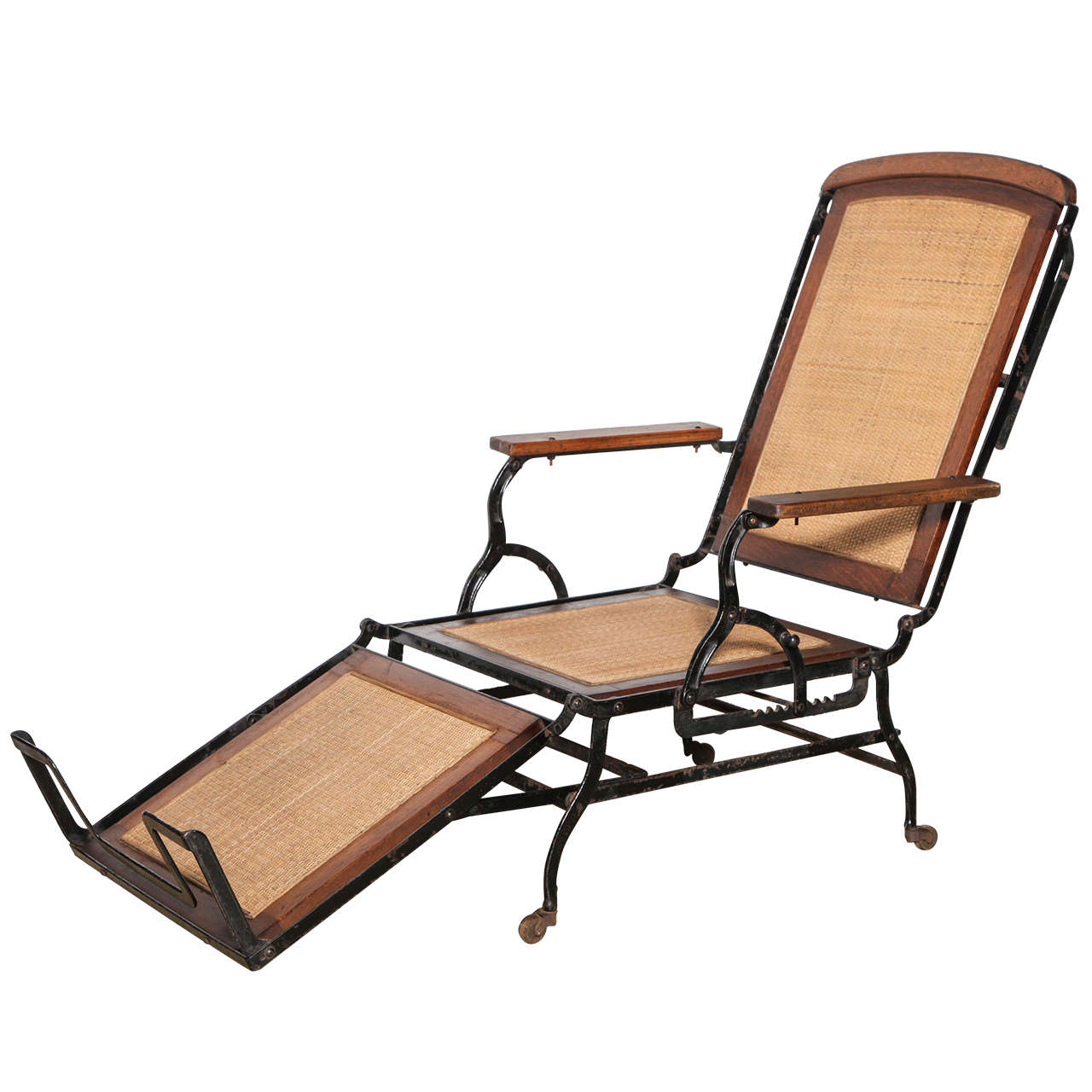 Cevedra Sheldon Walnut, Cane & Cast Iron Rolling Chaise Lounge Chair, C. 1876