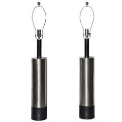 pair of Diego Matthai Brushed Steel and Leather Table Lamps
