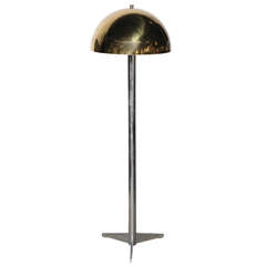 Karl Springer Style Brass Mushroom Shade and Tripod Chrome Floor Lamp, 1970s 