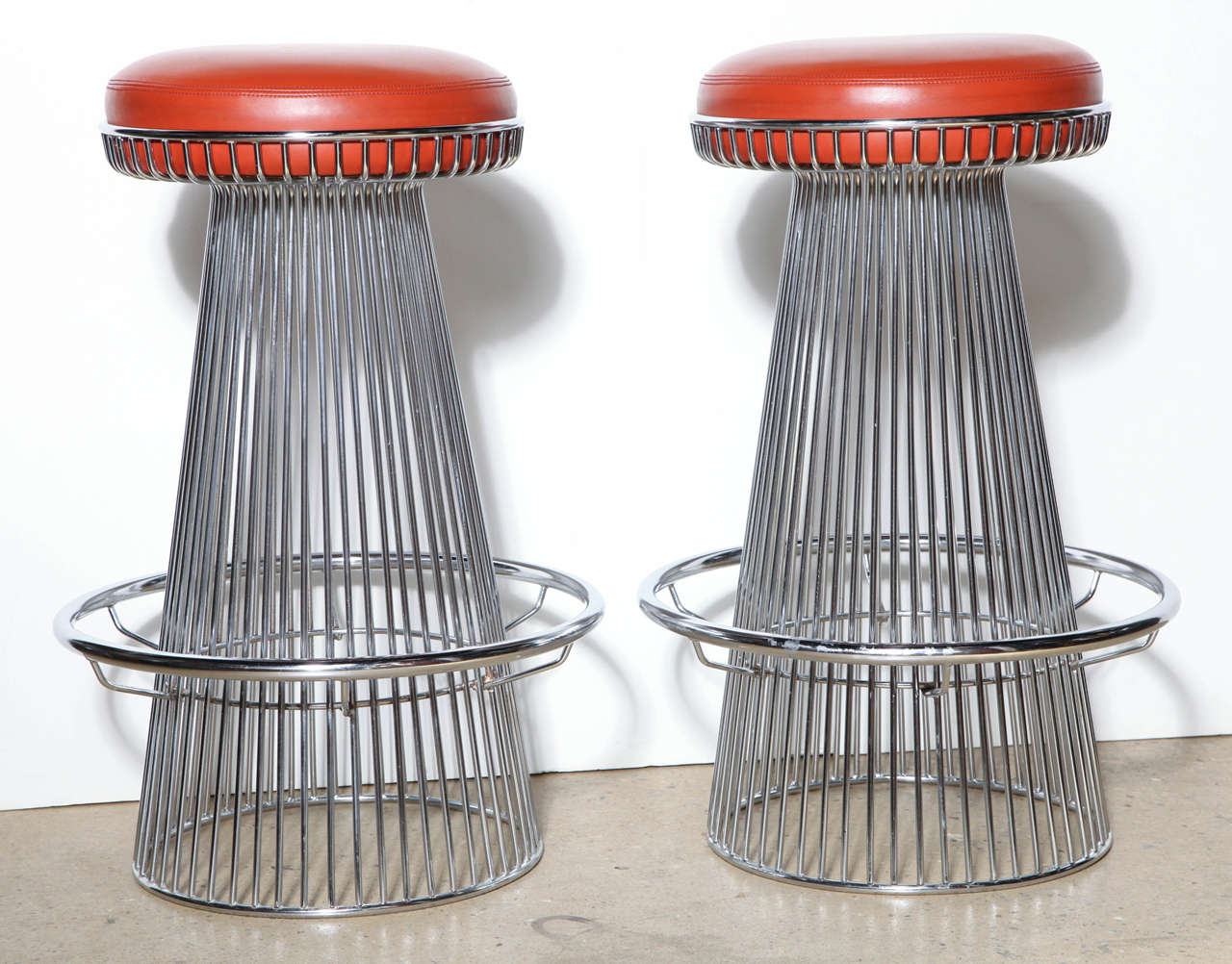 2 late 1960's designed Mod Bar Stools or Kitchen Stools by Cy Mann with original round Rust Naugahyde covered (15