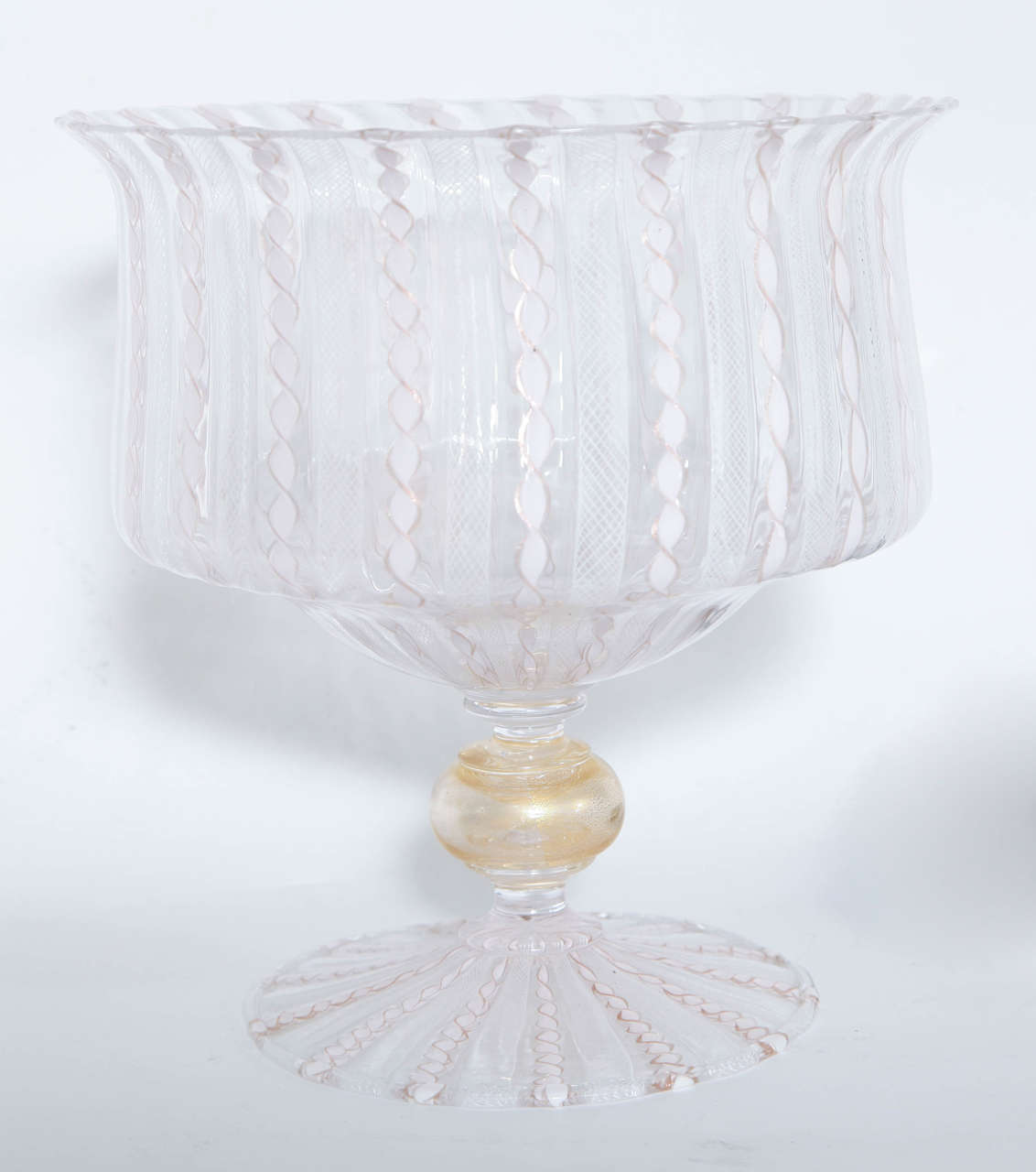 Beautiful venetian glass centerpiece bowl with a pink and white ribbon design and gold leaf flecks incorporated into the pedestal.  Signed on the bottom Venezia.