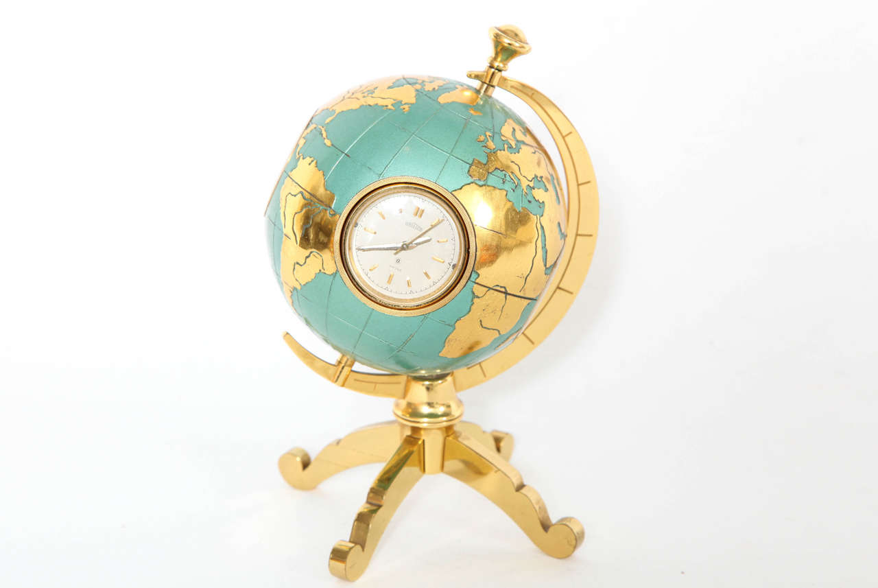 Swiss Enamelled Bulova Globe Barometer and Desk Clock on Stand