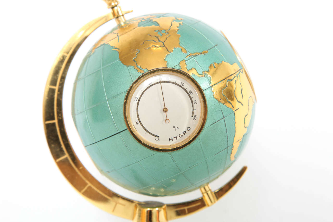 Mid-20th Century Enamelled Bulova Globe Barometer and Desk Clock on Stand