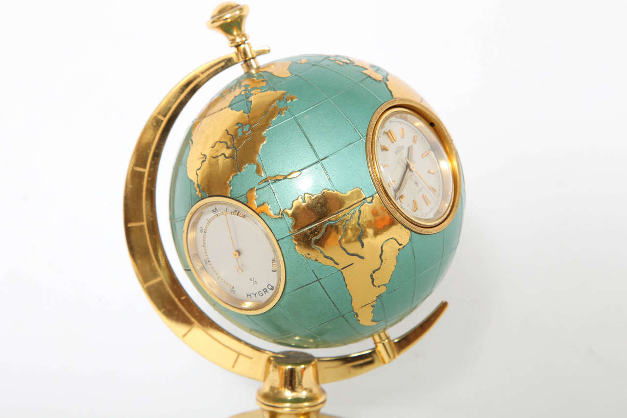 Enamelled Bulova Globe Barometer and Desk Clock on Stand 1