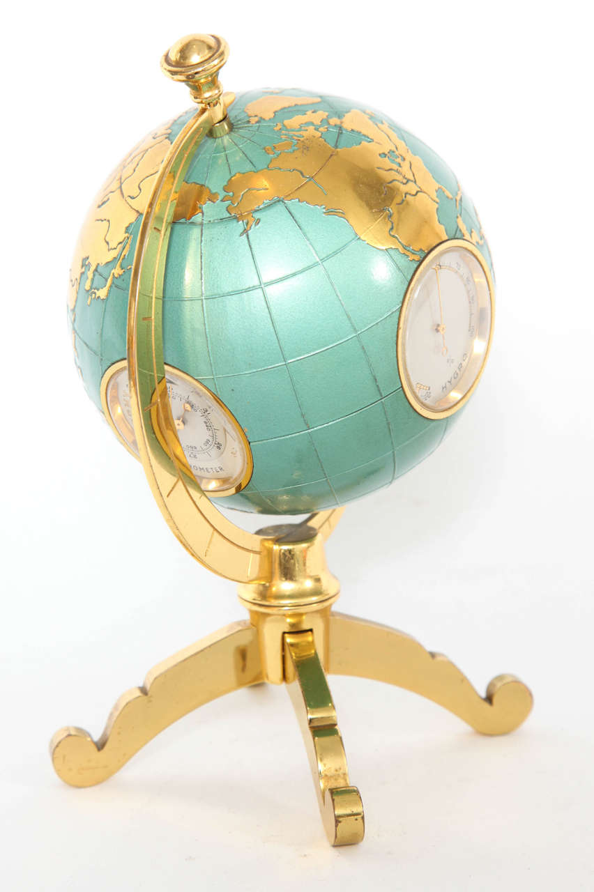 Enamelled Bulova Globe Barometer and Desk Clock on Stand 5