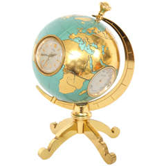 Enamelled Bulova Globe Barometer and Desk Clock on Stand