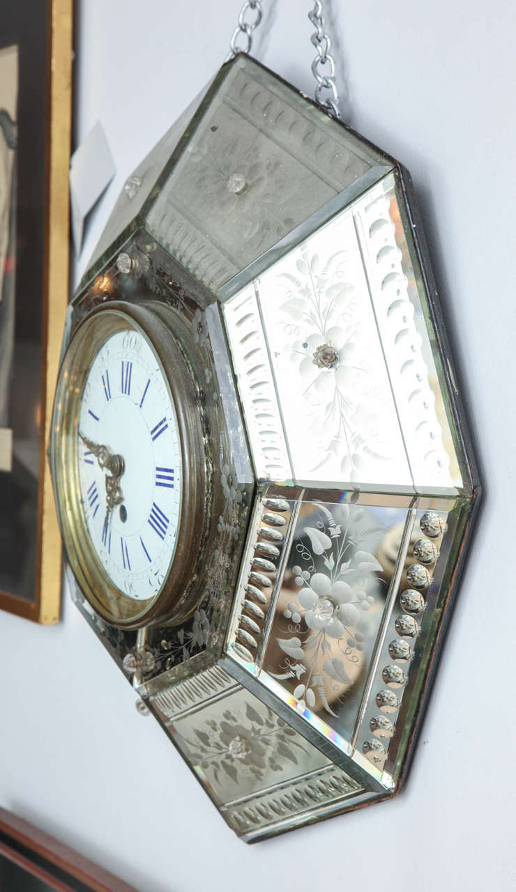 20th Century Mirrored Hexagonal Bevelled Floral Etched Clock