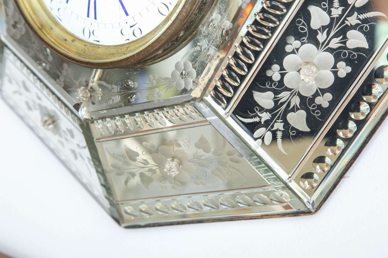 Mirrored Hexagonal Bevelled Floral Etched Clock 2