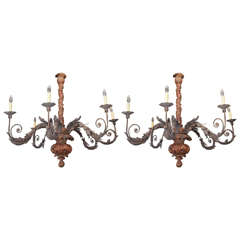 Pair of Carved Tuscan Carved Wood and Iron Chandelier 12