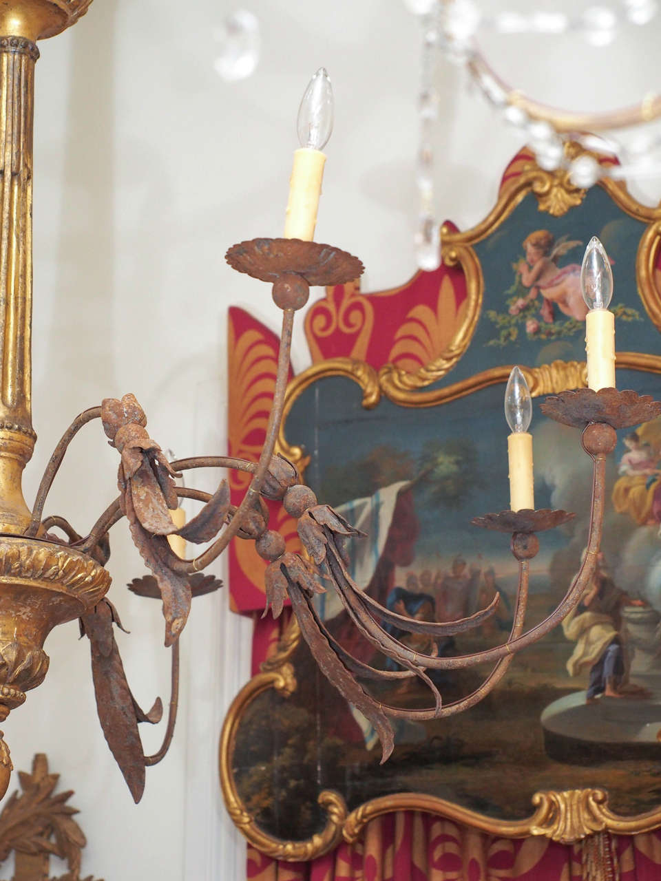 19th Century Pair of Tuscan Giltwood and Iron Chandeliers