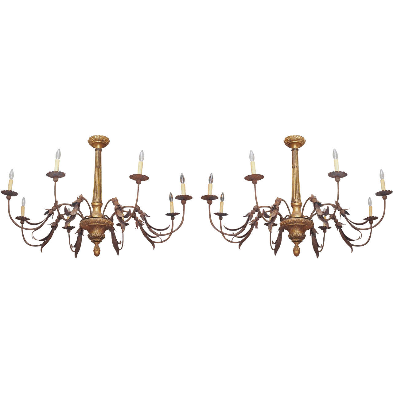 Pair of Tuscan Giltwood and Iron Chandeliers