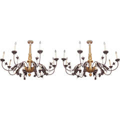 Pair of Tuscan Iron and Giltwood Chandeliers