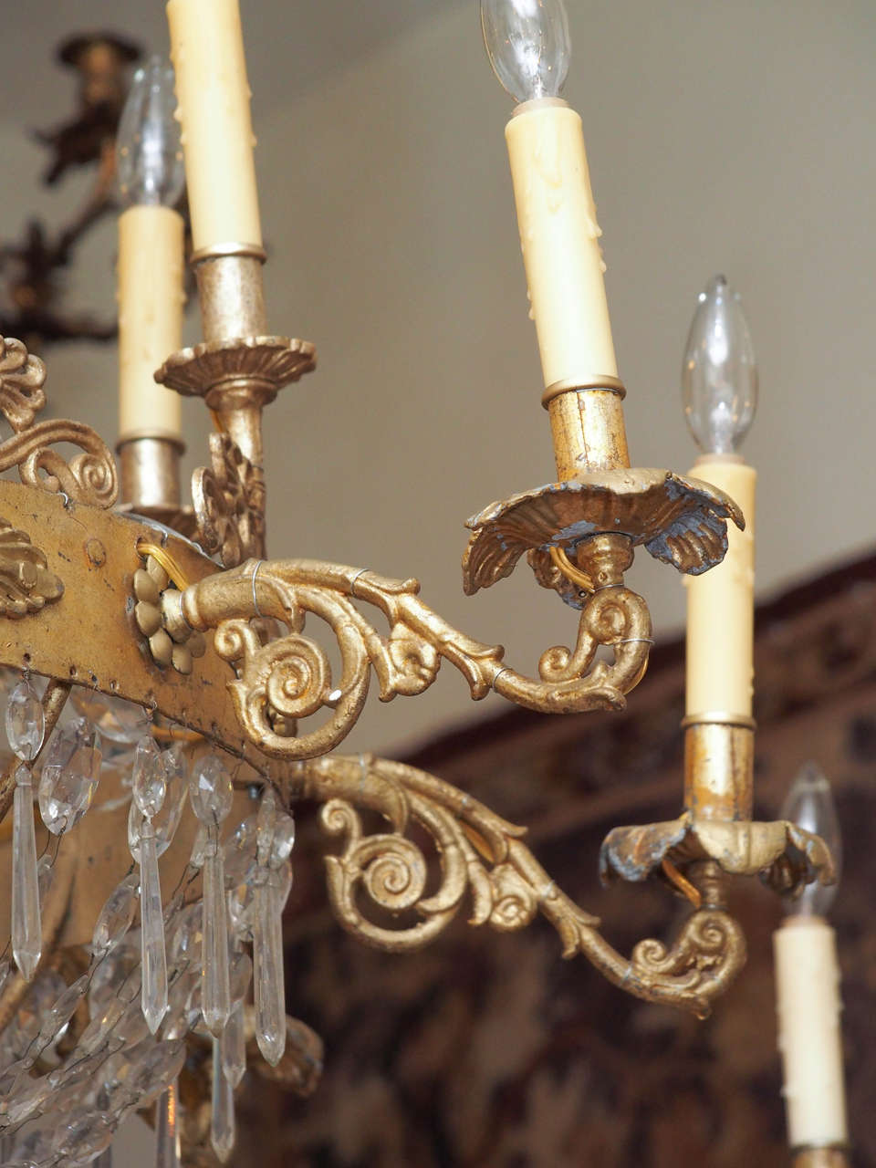 Pair of Italian Empire Gilt Iron and Crystal Chandelier 2