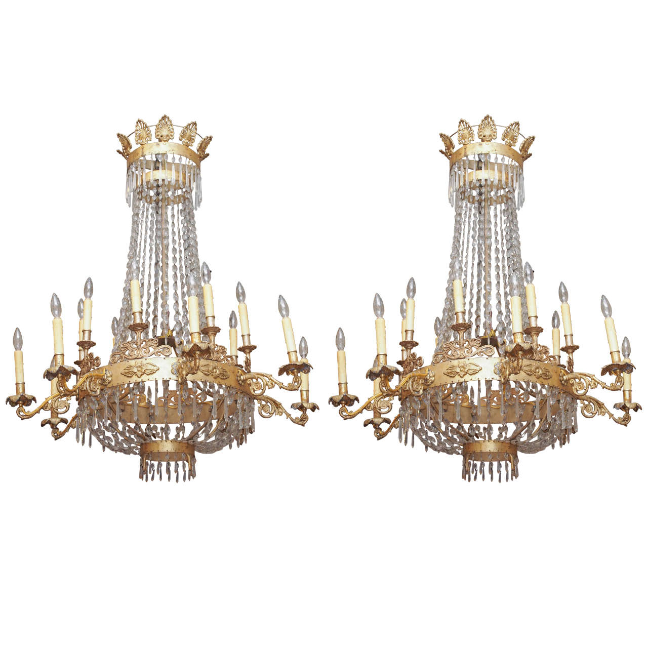 Pair of Italian Empire Gilt Iron and Crystal Chandelier