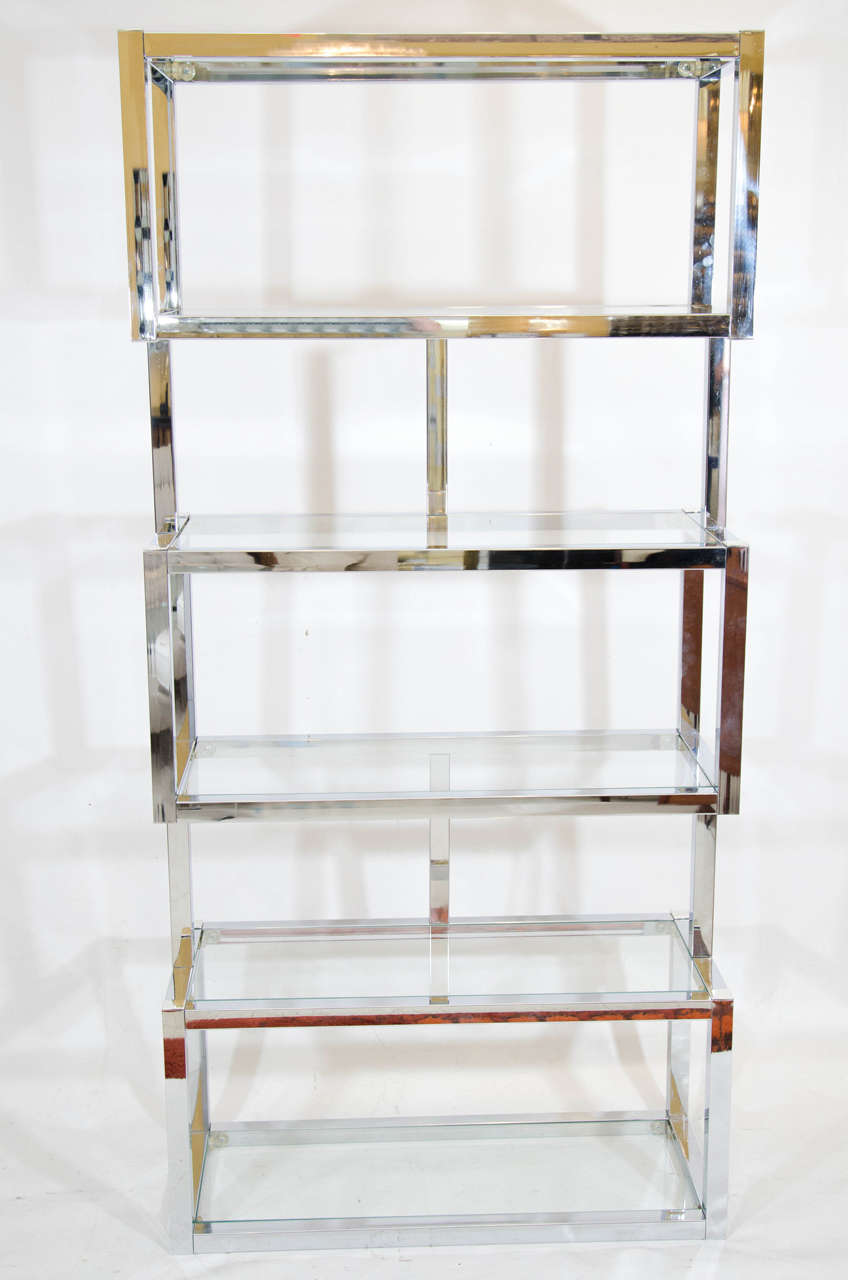 Chrome multi tiered etagere in an attractive cubic, tower form. Please contact for location.