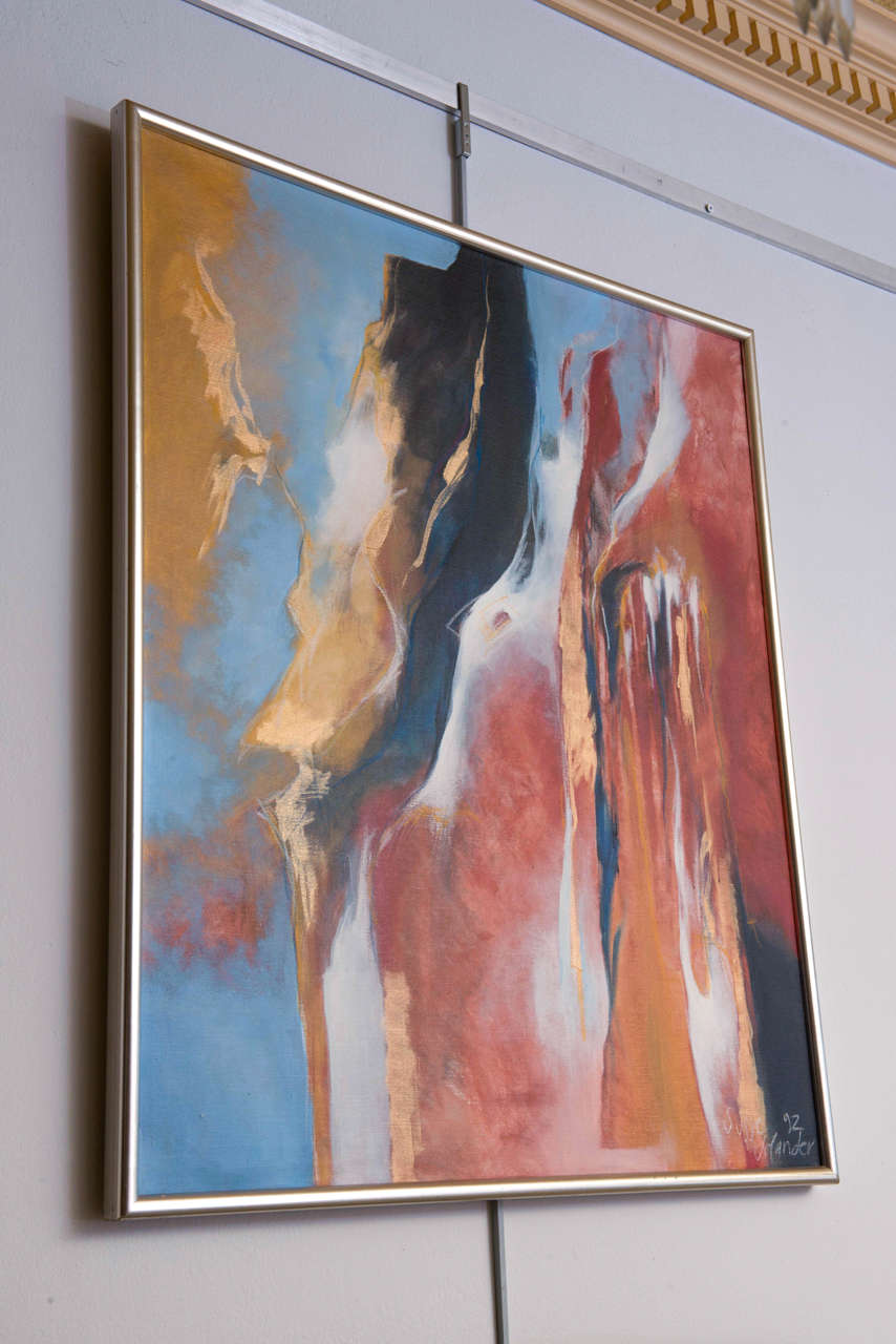 Danish abstract Expressionist oil on canvas; signed lower right by Susse Volander and dated, 1992 This outstanding and dynamic work consists of rhythmic geometric shapes painted in beautiful tones of red, blue, yellow, white, orange and black.


H