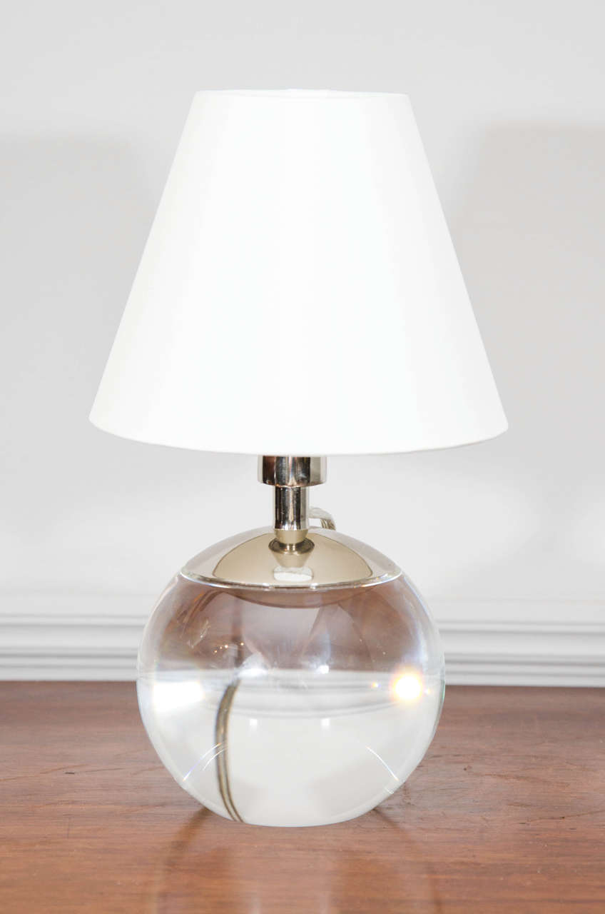 Pair of Spherical Glass Lamps in the Style of Jacques Adnet with polished nickel hardware. Two pairs available.