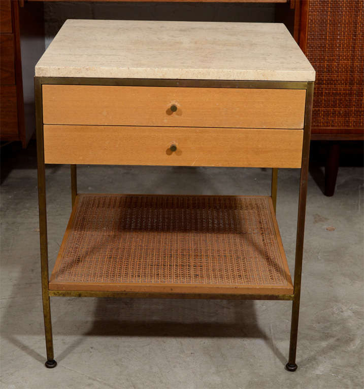 Pair of Paul McCobb blonde mahogany, brass and travertine bedside tables, mfg. Calvin-1950's
