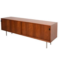 Florence Knoll walnut credenza with leather handles