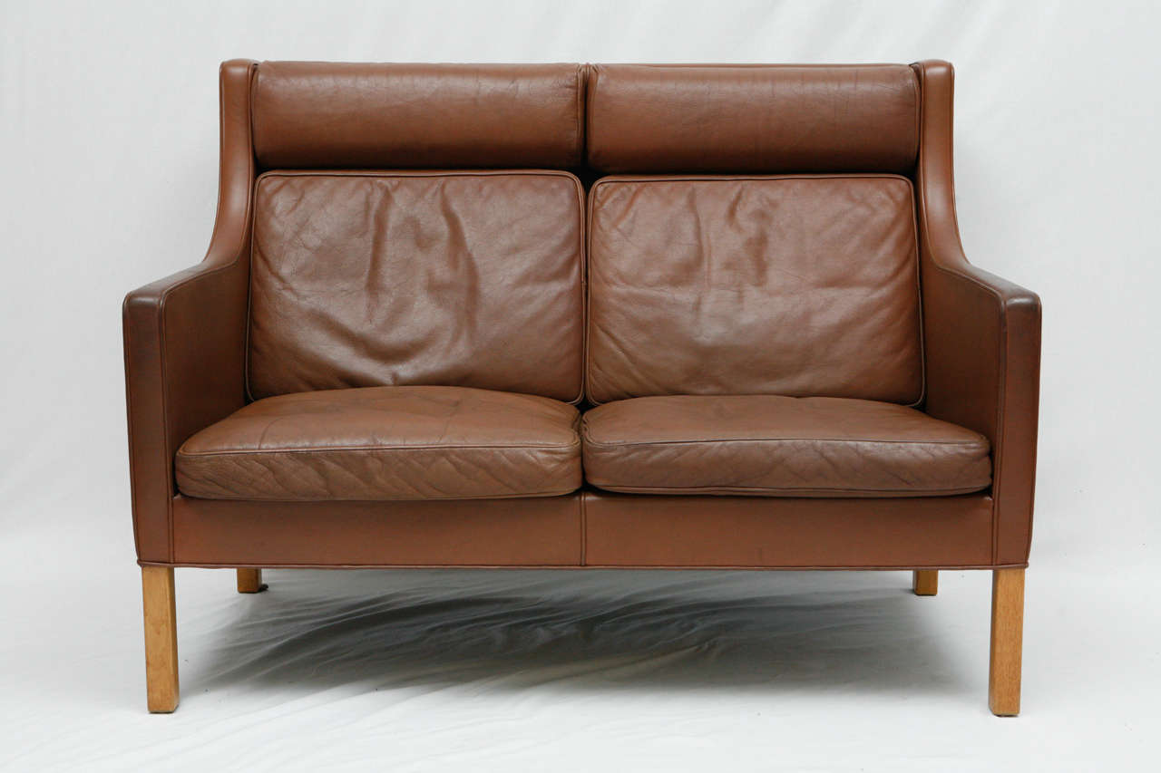 Borge Mogensen Brown Leather Settee Produced By Fredericia Stolefabrik. Original Leather.  Store formerly known as ARTFUL DODGER INC