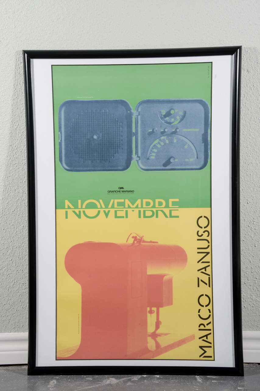 Framed Italian Grafiche Mariano poster of Marco Zanuso design, in particular a radio by Brionvega and Pavia sewing machine he designed with Richard Sapper for Necchi.  Poster executed in 1998.