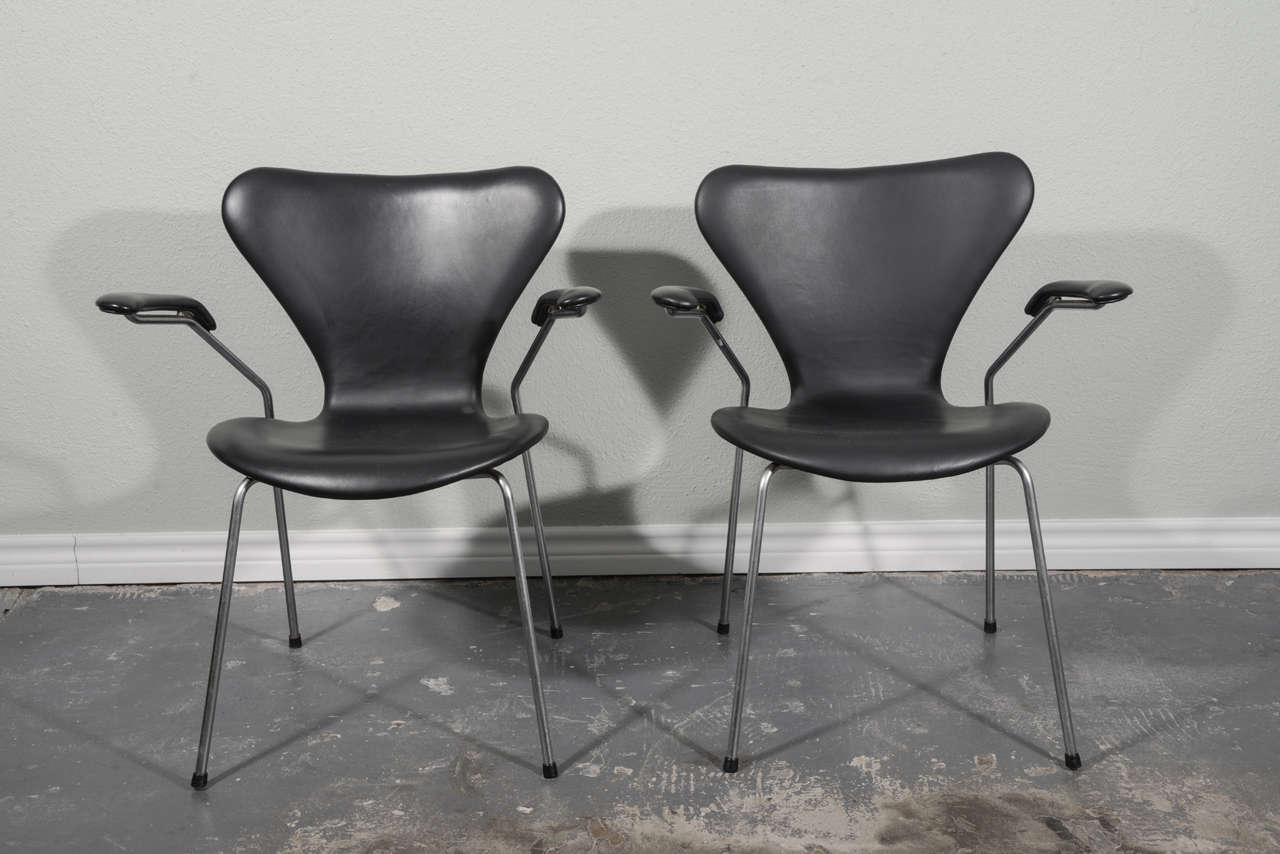 Pair of Leather Arne Jacobsen Series 7 Arm Chairs