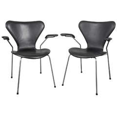 Pair of Leather Arne Jacobsen Series 7 Arm Chairs