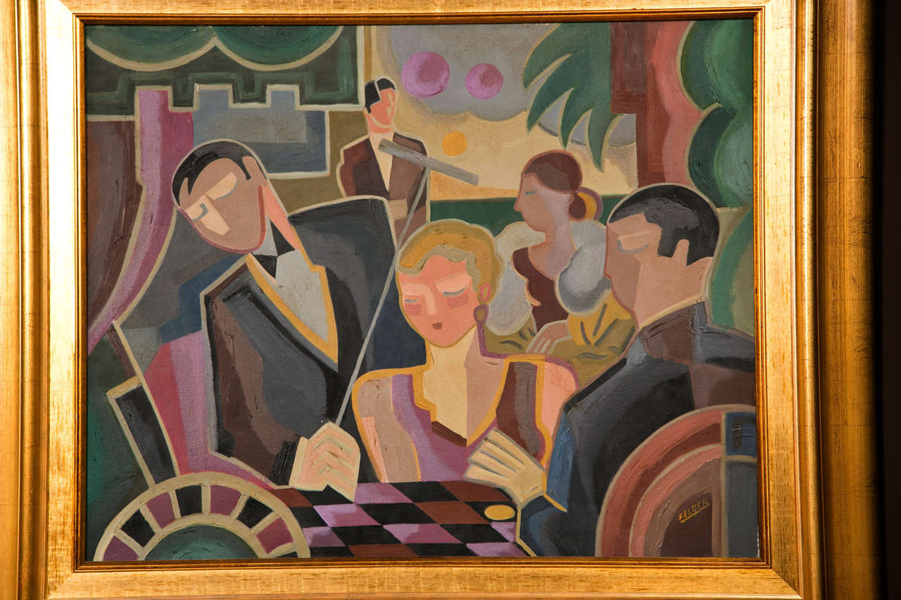 A contemporary oil on canvas signed on the lower right. A stick man at the roulette table with patrons in the foreground. Vibrant colors mounted in a gilt gold frame. Possibley Hurganian.