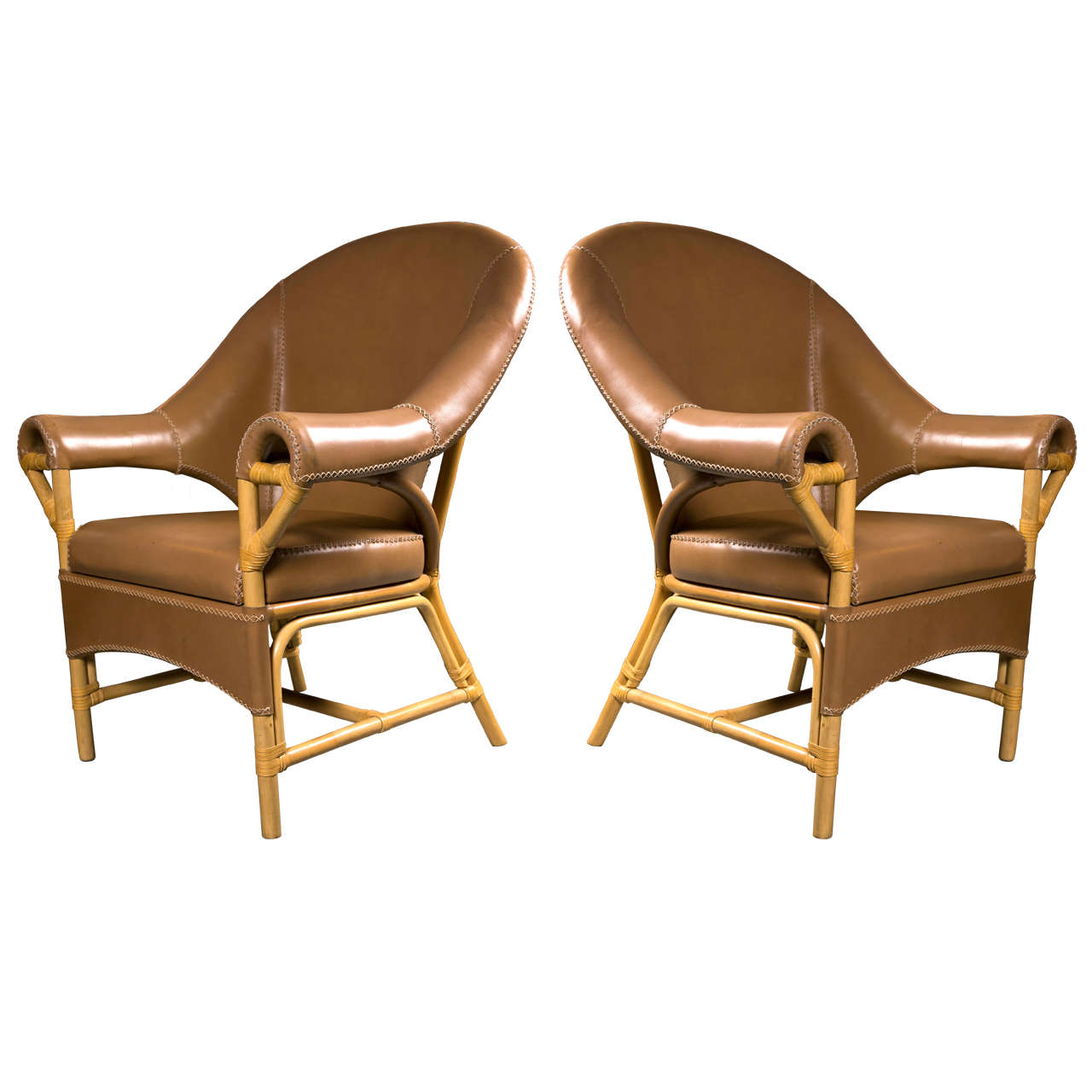 Decorative Pair of Leather and Rattan Chairs