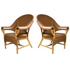 Decorative Pair of Leather and Rattan Chairs