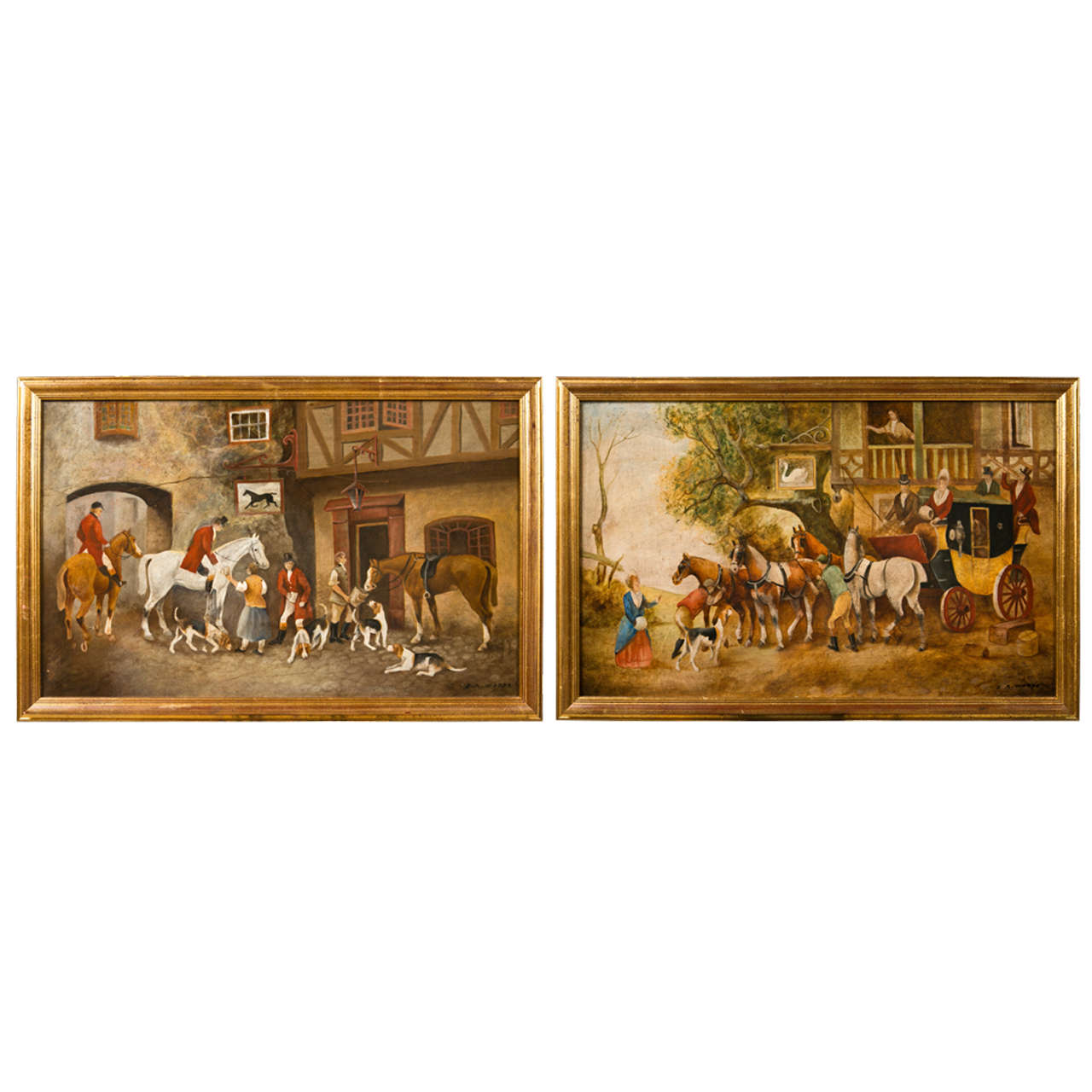 Pair of Equestrian Paintings Signed E.R. Woods For Sale