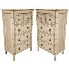 Vintage Pair of White Painted Faux Bamboo Tall Chests