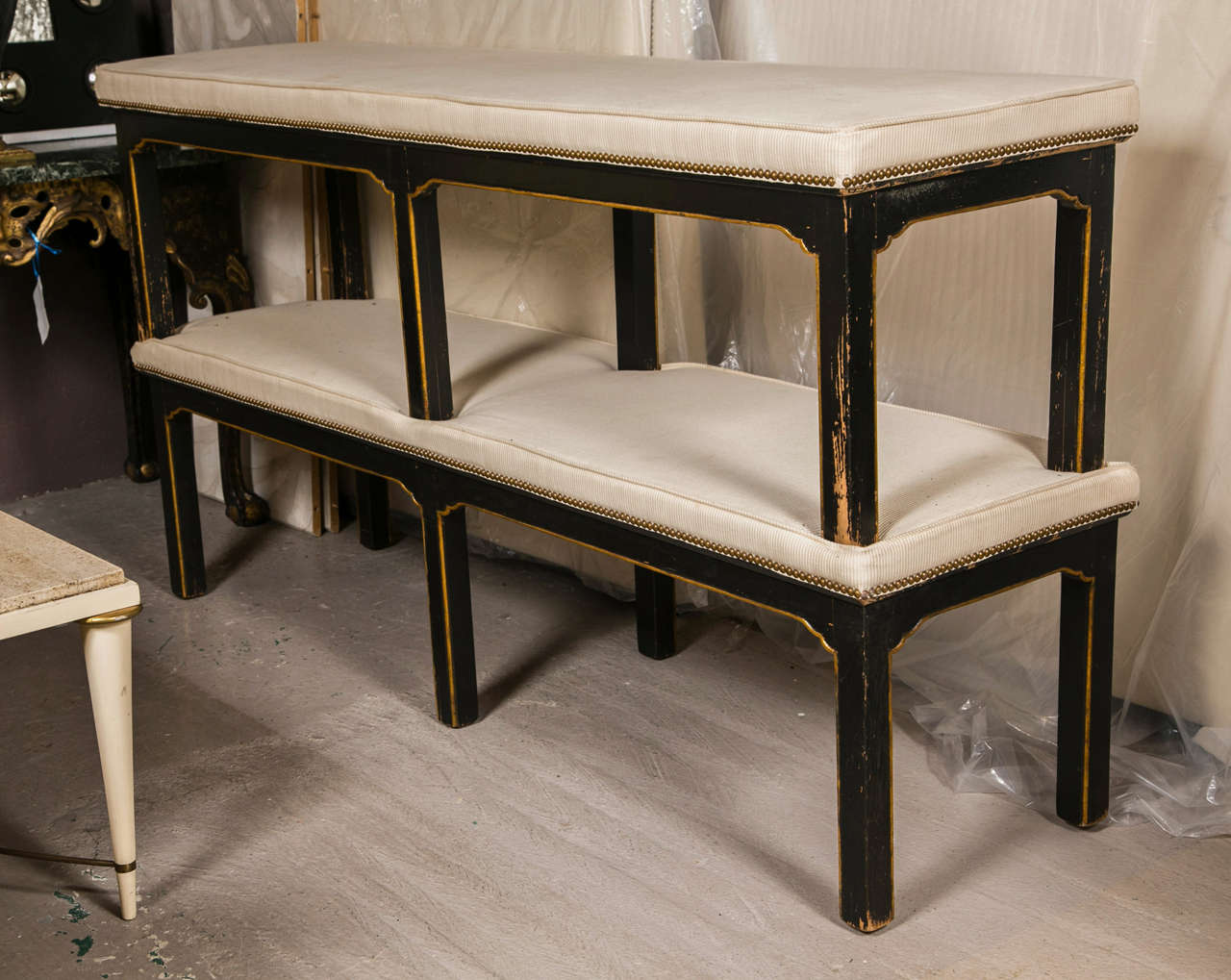 Mid-20th Century Pair of Ebonized and Distressed Benches Stamped Jansen