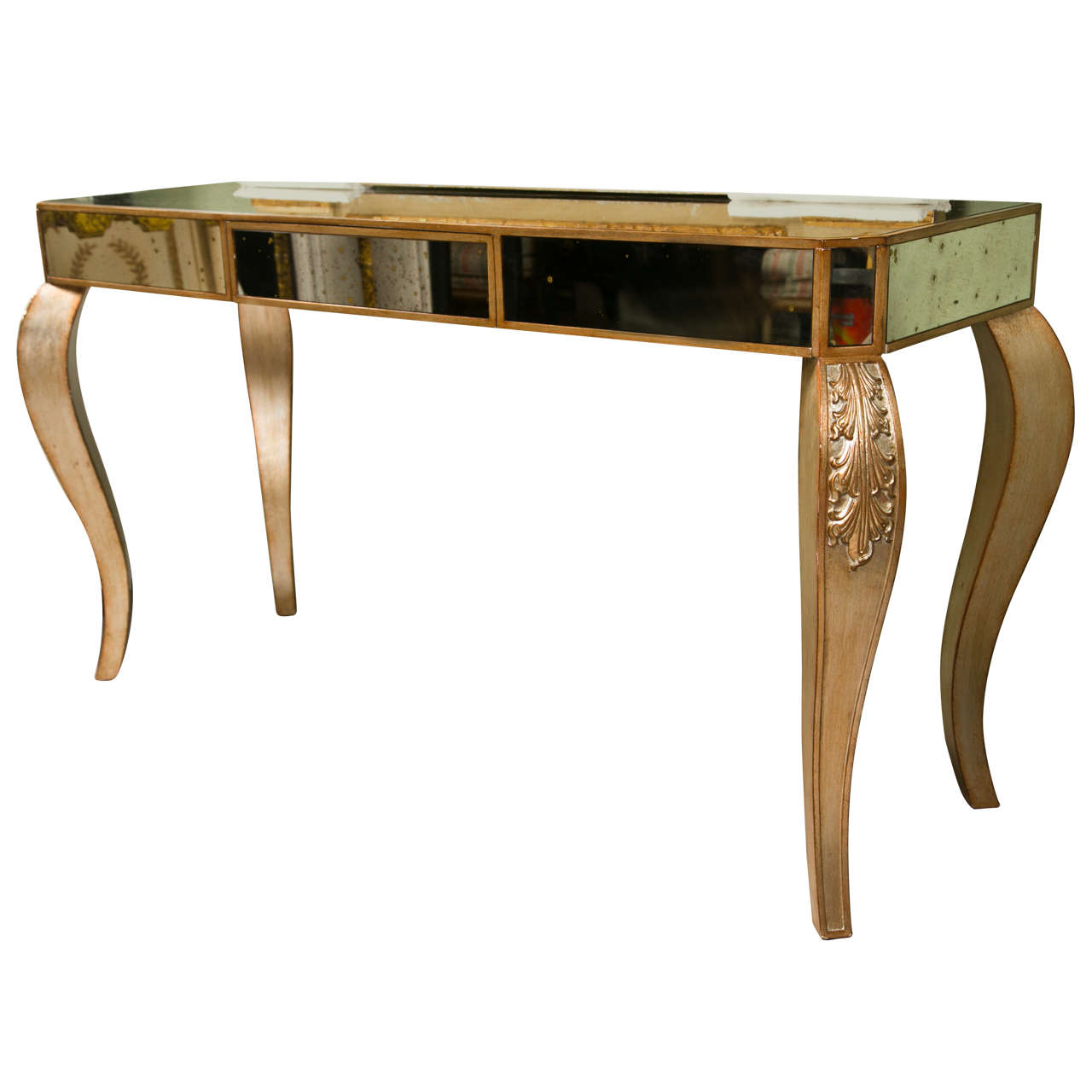 Table console miroir de style Hollywood Regency avec cadre doré à un tiroir en vente