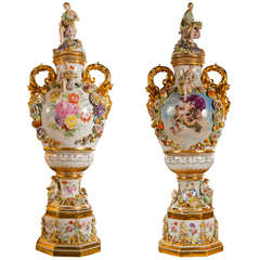 Vintage Pair of Monumental German Meissen Style Porcelain Vases