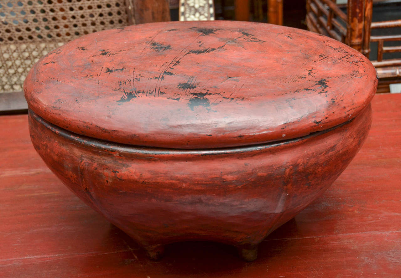 Turn of the century, Thai red lacquered offering bowl with lid.