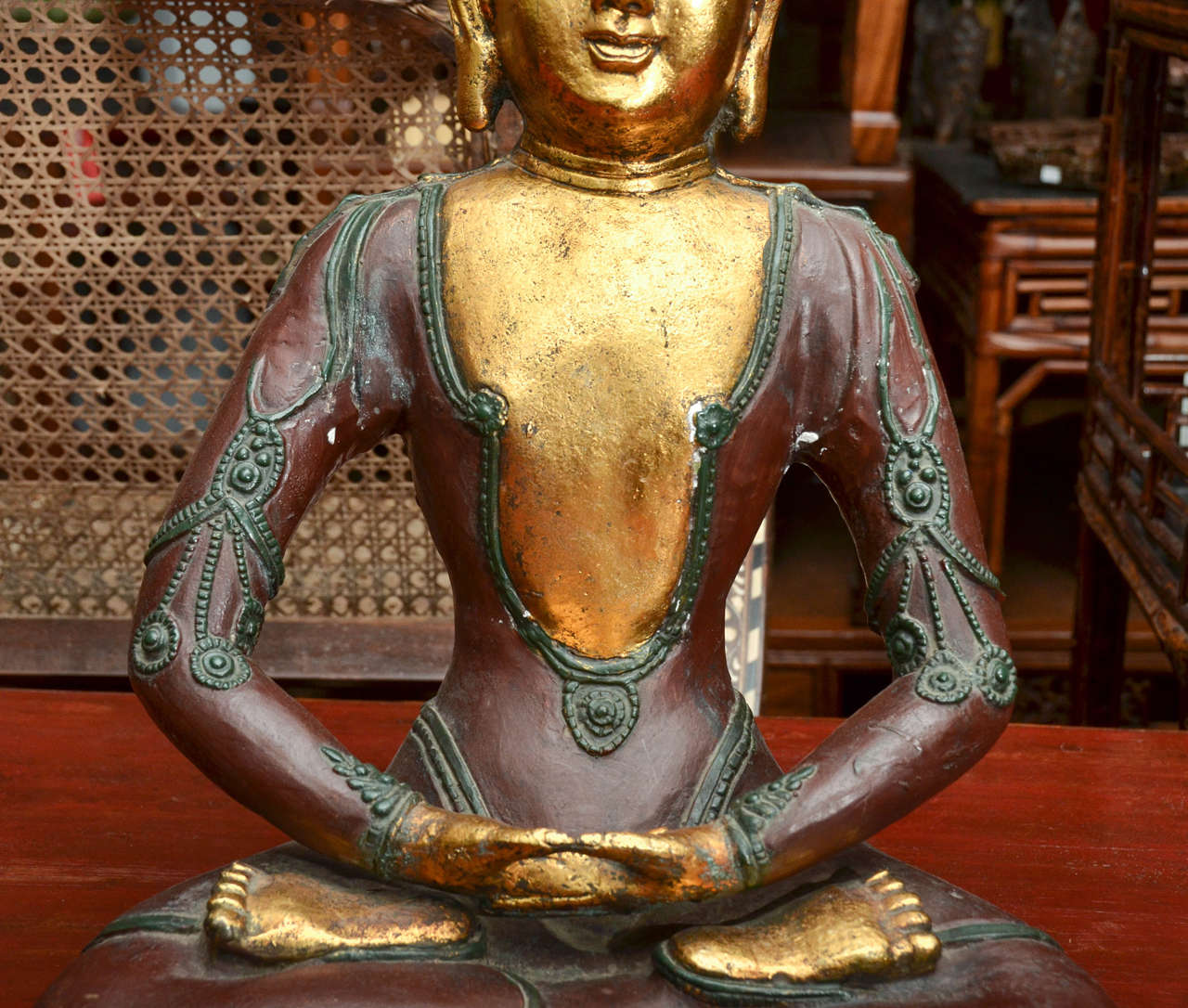 Gold Leaf Turn of the Century Chinese Seated Bronze Buddha For Sale