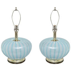 Pair of Blue and White Stripe Globe Frosted Lamps