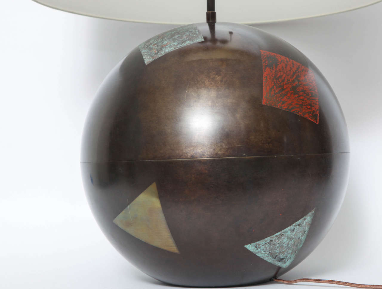 Monumental Patinated Brass Table Lamp with Cubist Design by Karl Springer 2