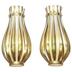 Pair of Art Moderne Brass and Glass Pendant Ceiling Fixtures