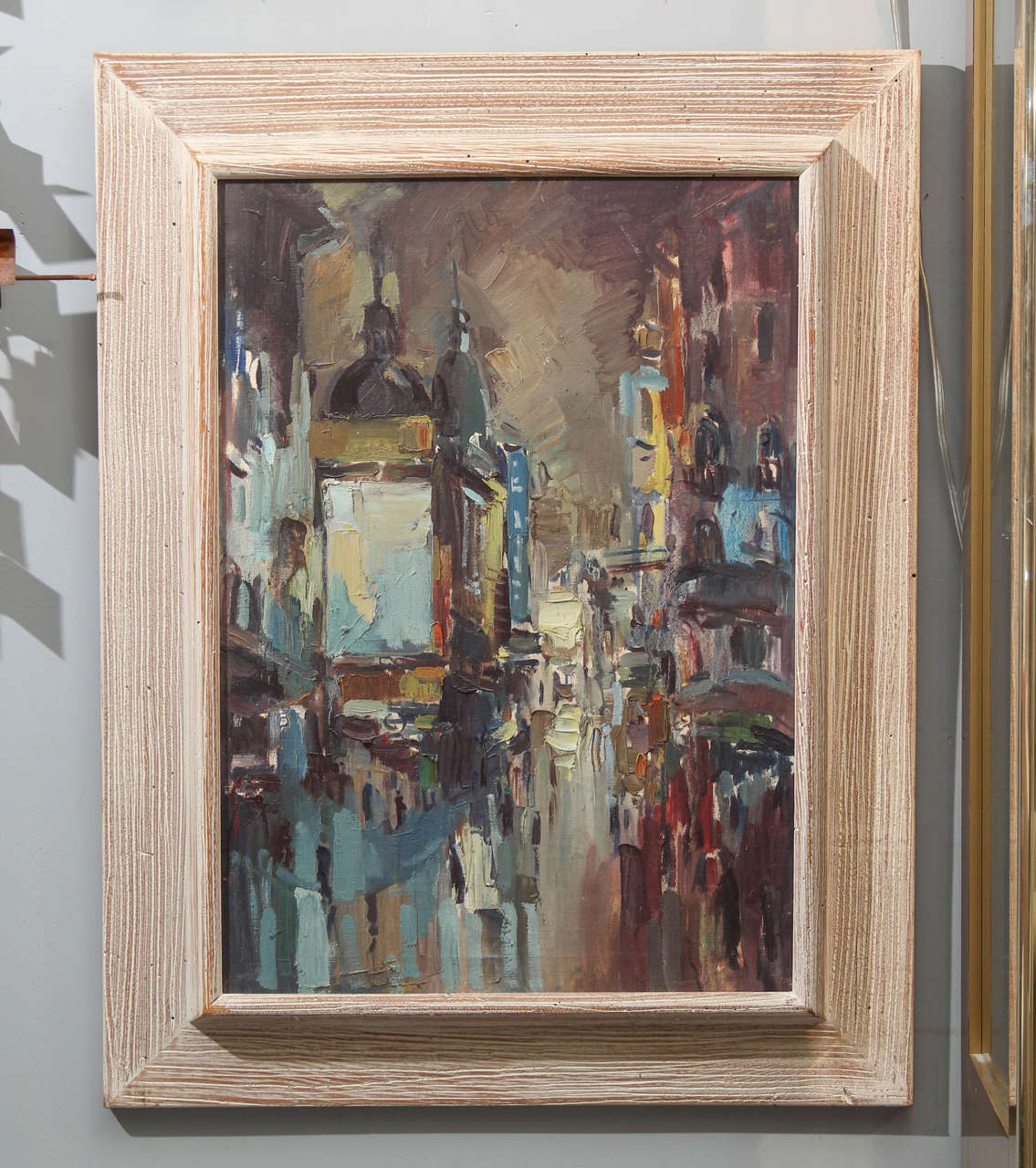 Mid-Century city scene oil painting with nice texture and color, in period frame.