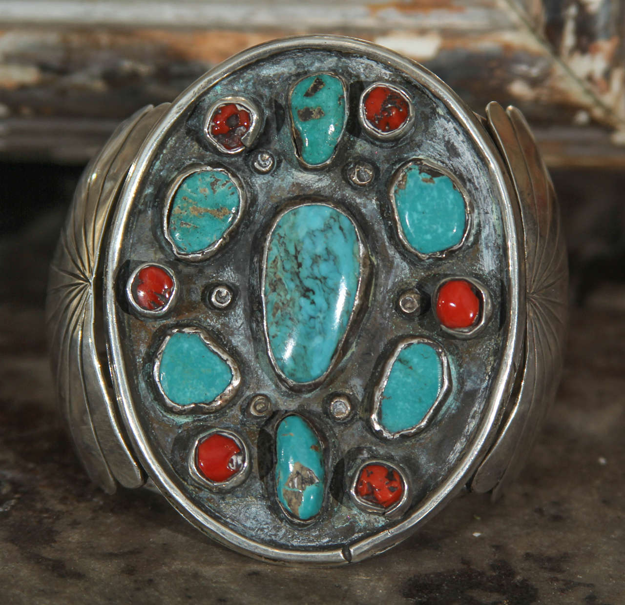 Oversized sterling cuff with turquoise and coral nuggets, great for man or woman.