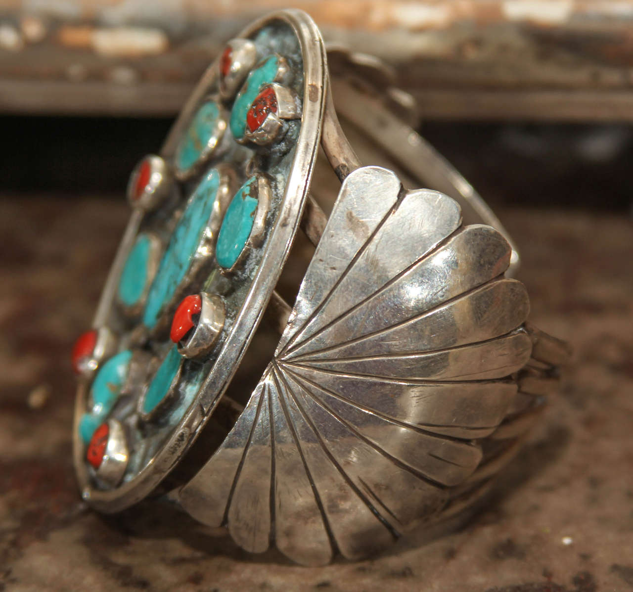 American Navajo Silver Bracelet with Turquoise and Coral