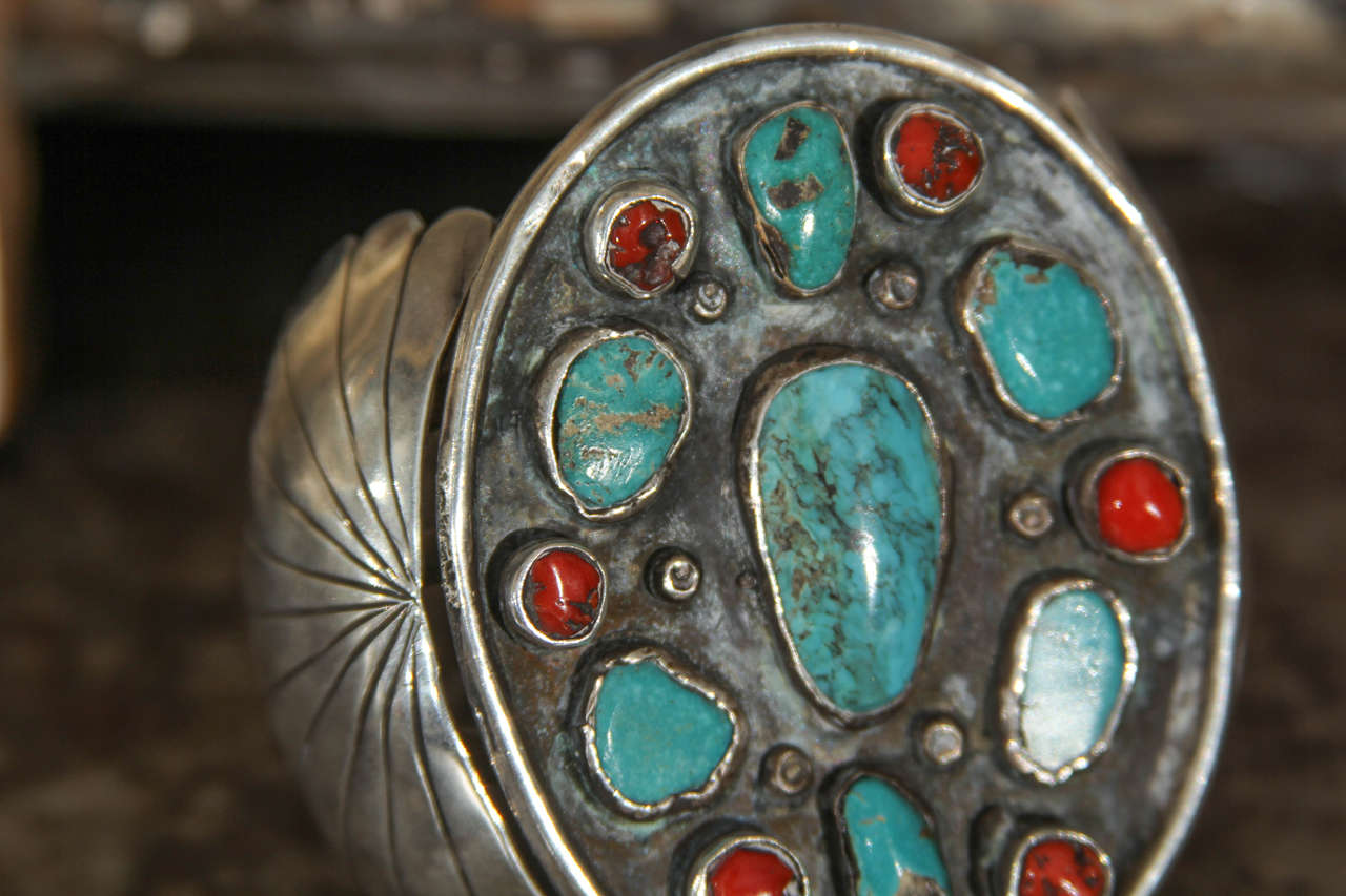 Mid-20th Century Navajo Silver Bracelet with Turquoise and Coral