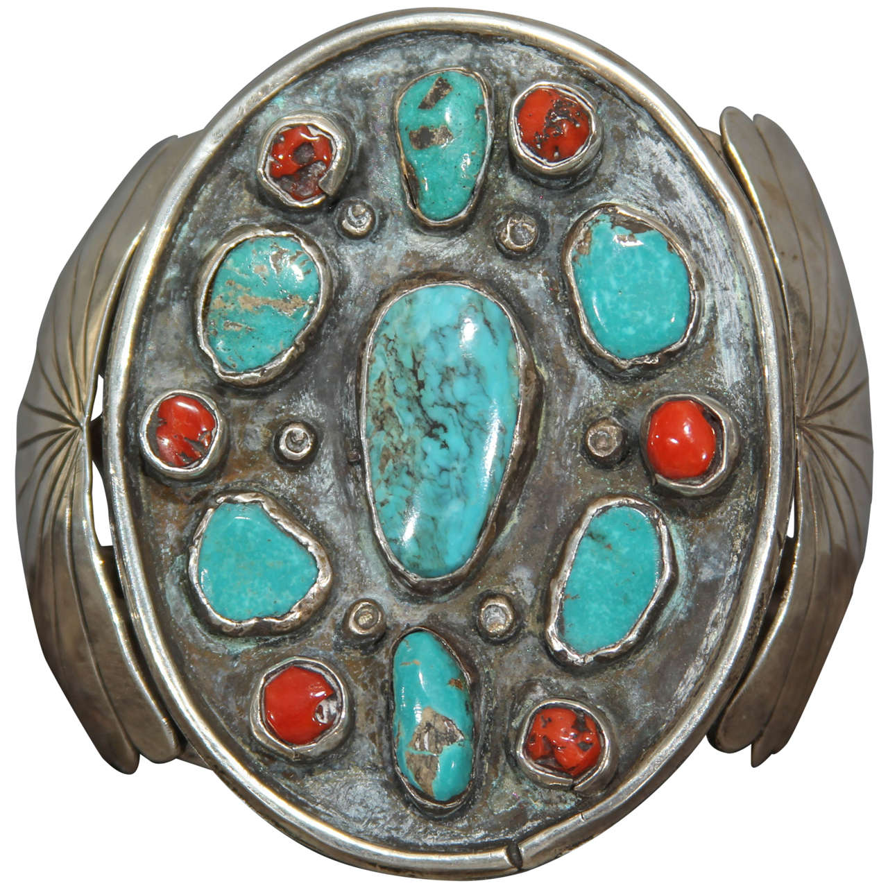 Navajo Silver Bracelet with Turquoise and Coral