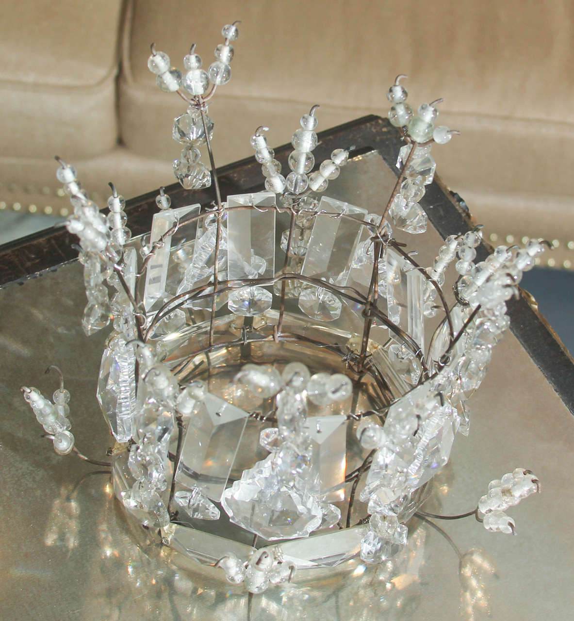 Decorative crown of vintage and antique crystal beads and crystals, lovely found object.
