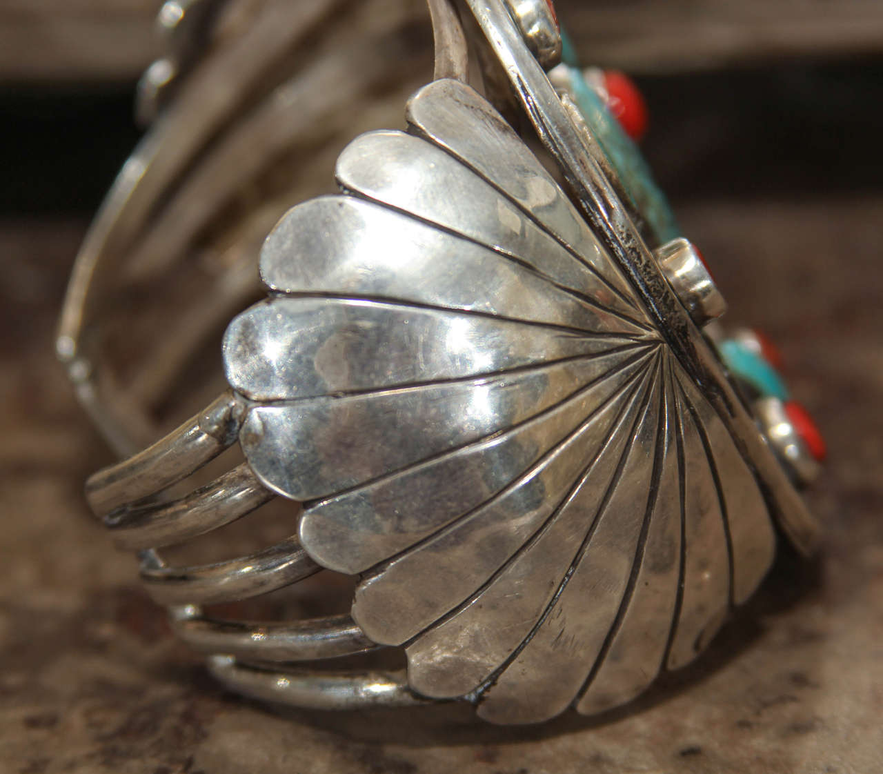 Montre Bracelet Navajo Vintage En Argent Sterling Avec Turquoise Et Corail - Occasion, Fait Main, Unisexe